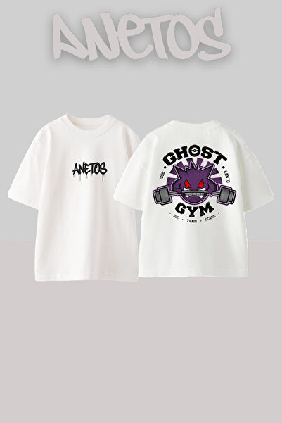 Anetos Ghost Gym Design Spate cu imprimeu Bumbac Alb supradimensionat tricou
