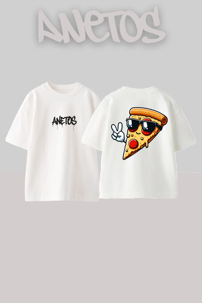 Anetos Cool Pizza Design Spate cu imprimeu Bumbac Alb supradimensionat tricou