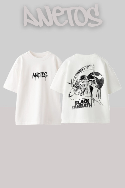 Anetos Tricou supradimensionat alb din bumbac cu imprimeu pe spate Black Sabb...