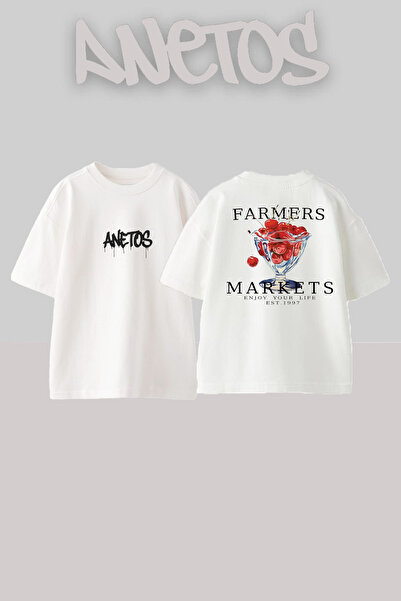 Anetos Фермерски пазари Дизайн Отпечатан отзад памучен бял прекалено голям те...