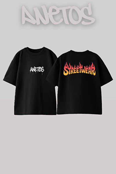 Anetos Μπλουζάκι Streetwear Σχεδίαση με τύπωμα στην πλάτη από βαμβάκι Μαύρο O...