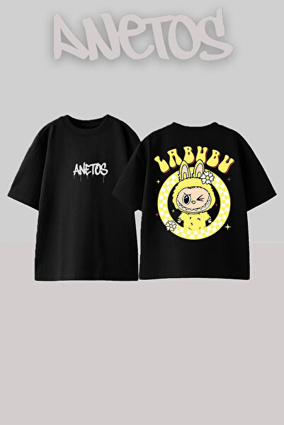 Anetos Labubu Yellow Design Spate cu imprimeu Bumbac Negru supradimensionat t...