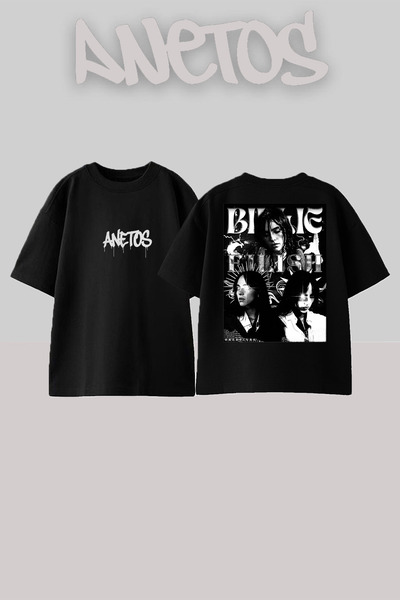 Anetos تي شيرت بيلي إيليش 10 بتصميم مطبوع على الظهر من القطن باللون الأسود مقاس كبير