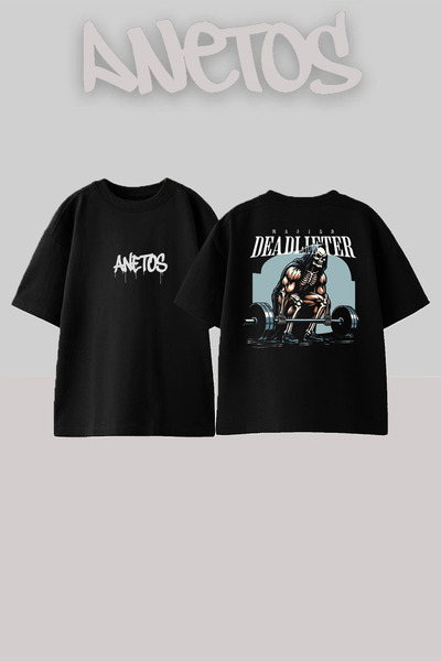 Anetos Μπλούζα Powerlifting Σχεδίαση Πίσω με Εκτύπωση Κόττον Μαύρη Oversize