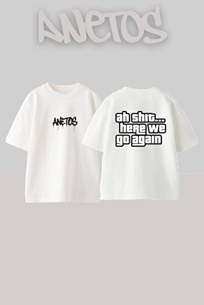 Anetos Ah Shit Here We Go Again Design Rucsac cu imprimeu Bumbac Alb supradim...