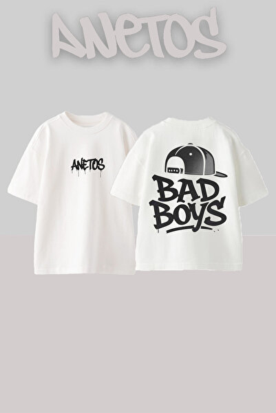 Anetos Μπλουζάκι Bad Boy Cap Design Back με τύπωμα Cotton White oversized