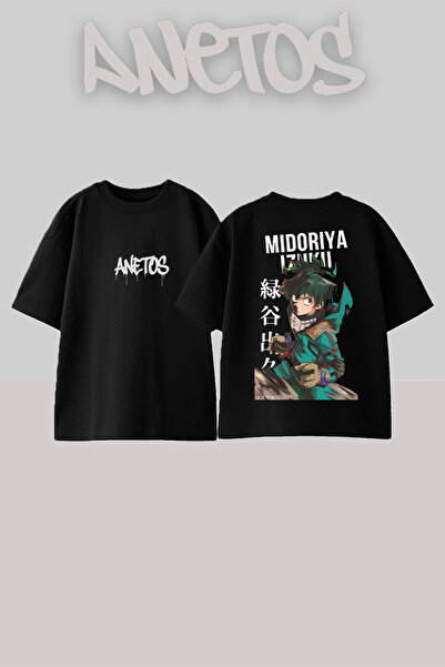 Anetos تي شيرت أسود كبير الحجم من القطن بتصميم ميدوريا مطبوع على الظهر