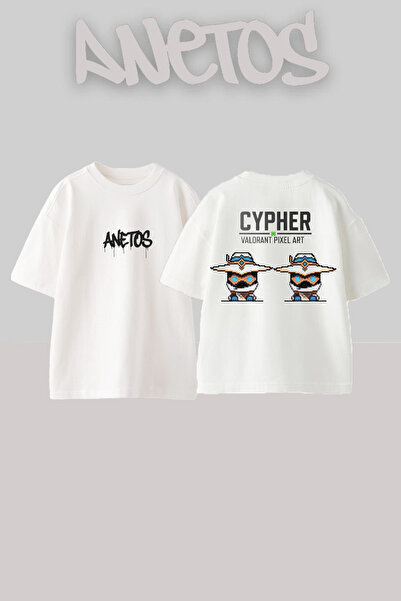Anetos Cypher Design Spate cu imprimeu Bumbac Alb supradimensionat tricou