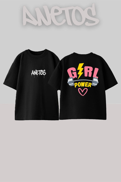 Anetos Power Girl 1 Design Spate cu imprimeu Bumbac Negru supradimensionat tr...