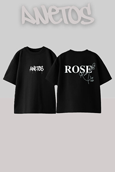 Anetos Blackpink Rose 2 Дизайн с печат на гърба Памучна черна тениска с голям...