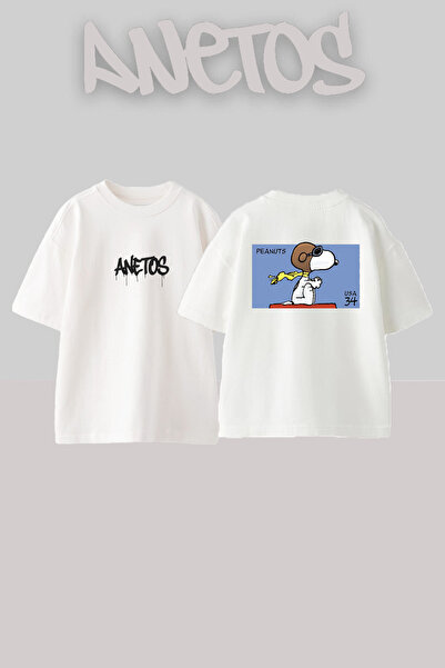 Anetos Peanuts Snoopy Design Spate cu imprimeu Bumbac Alb supradimensionat tr...