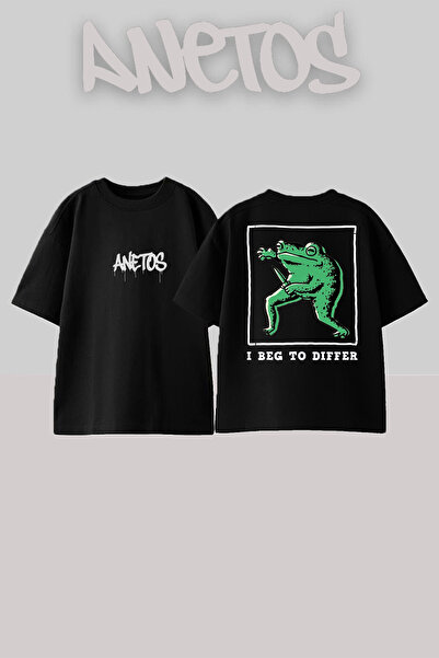 Anetos Rucsac cu design Frog cu imprimeu Bumbac Negru supradimensionat tricou