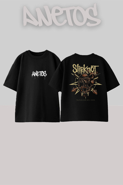 Anetos Slipknot 26 Design Spate cu imprimeu Bumbac Negru supradimensionat tricou