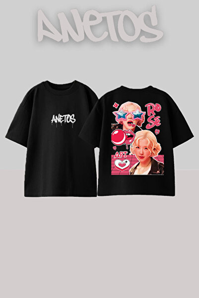 Anetos تي شيرت أسود كبير الحجم من القطن مطبوع عليه تصميم Blackpink Rose 7
