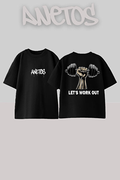 Anetos تي شيرت من القطن باللون الأسود مطبوع عليه تصميم Lets Work Out