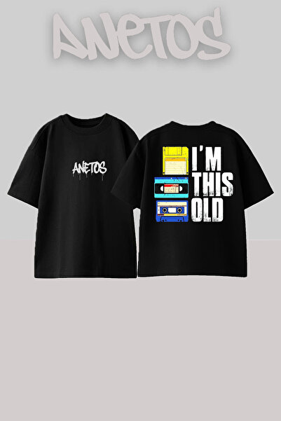 Anetos Im This Old Design Rucsac cu imprimeu Bumbac Negru supradimensionat tr...