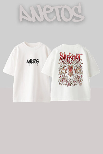 Anetos Slipknot 10 Design Back cu imprimeu Bumbac Alb supradimensionat tricou