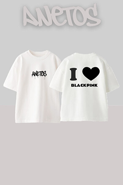 Anetos I Love Blackpink Design Rucsac cu imprimeu Bumbac Alb supradimensionat...