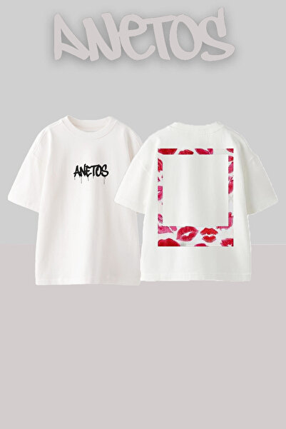 Anetos تي شيرت قطني أبيض كبير الحجم مطبوع عليه تصميم إطار على شكل قلب