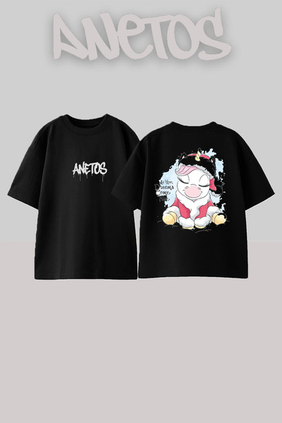 Anetos Μπλουζάκι Chırsmes Unicorn Design με τύπωμα Cotton Black oversized
