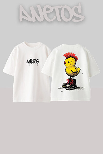 Anetos Μπλουζάκι Civciv 2 Design Back με τύπωμα Cotton White oversized