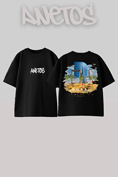 Anetos تي شيرت دبي 3 ديزاين مطبوع من الخلف مصنوع من القطن باللون الأسود مقاس ...