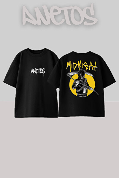 Anetos تي شيرت أسود كبير الحجم من القطن مطبوع عليه تصميم ميدنايت