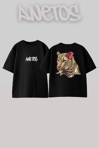 Anetos تي شيرت أسود كبير الحجم من القطن بتصميم ليوبارد هيبيسكوس مطبوع على الظهر