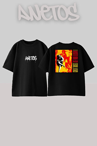 Anetos Guns N' Roses 6 Дизайн с печат на гърба Памучна черна тениска с голям ...