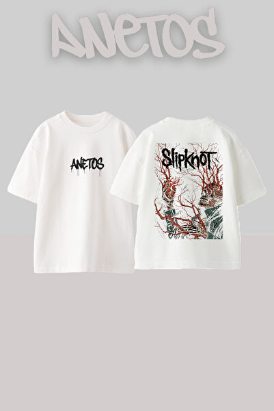 Anetos Slipknot 14 Design Back cu imprimeu Bumbac Alb supradimensionat tricou