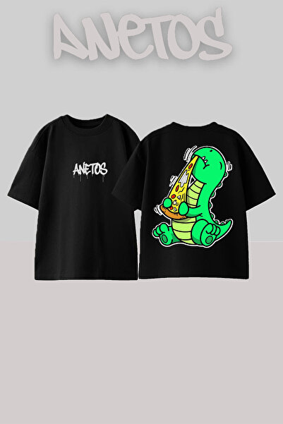 Anetos Dino 1 Design Spate cu imprimeu Bumbac Negru supradimensionat tricou