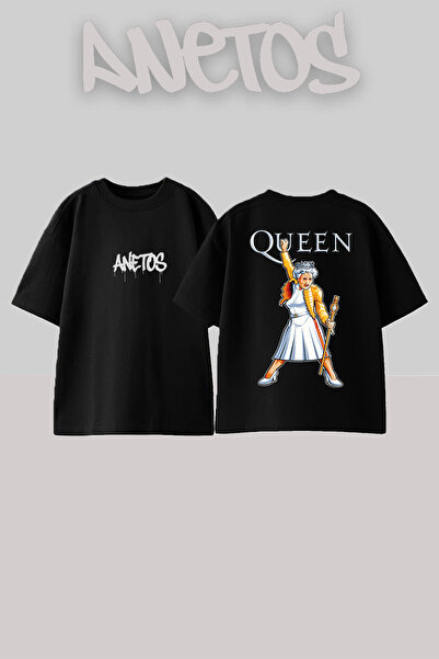 Anetos Μπλουζάκι Queen 6 Design Back με τύπωμα Cotton Black oversized