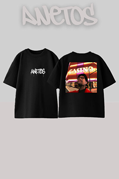 Anetos GTA Casino Design Spate cu imprimeu Bumbac Negru supradimensionat tricou