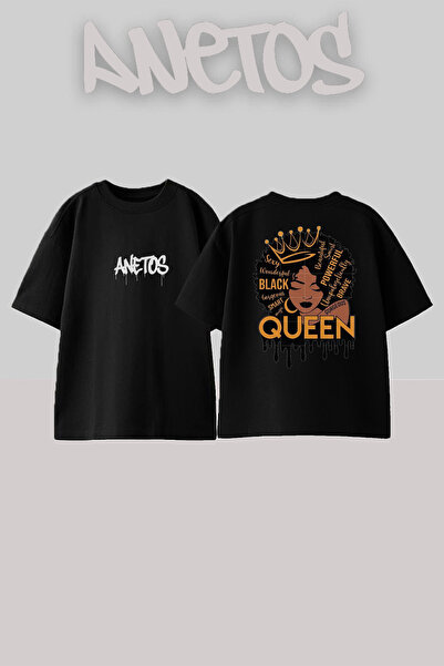 Anetos Μπλουζάκι Queen Design Back με τύπωμα Cotton Black oversized