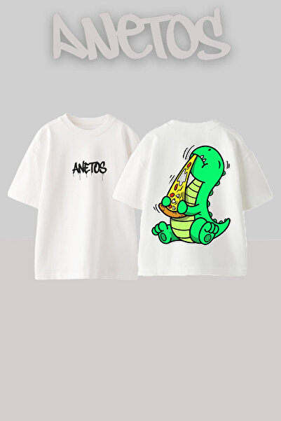 Anetos Dino 1 Design Spate cu imprimeu Bumbac Alb supradimensionat tricou