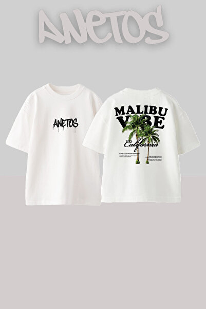Anetos Малибу Дизайн Бяла памучна тениска с принт на гърба