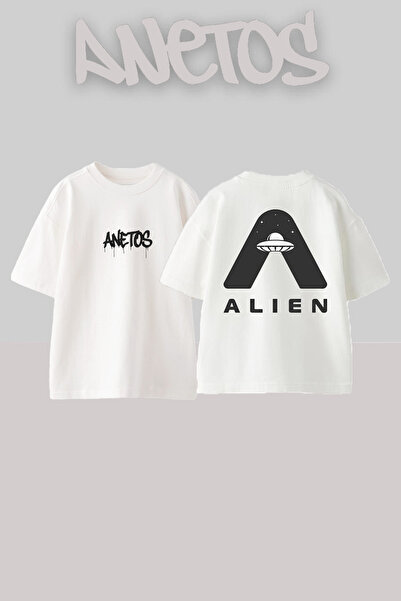 Anetos Alien 1 Design Spate cu imprimeu Bumbac Alb supradimensionat tricou