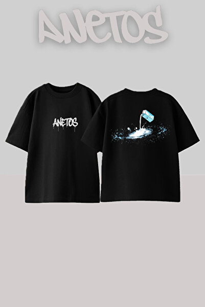 Anetos Milk Galaxy Design Back Printed Cotton Black Oversize T-Shirt