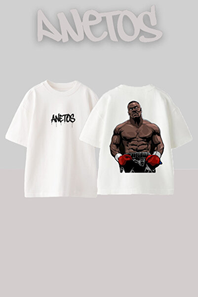 Anetos Mike Tyson 5 Design Back Printed Cotton White Oversize T-Shirt