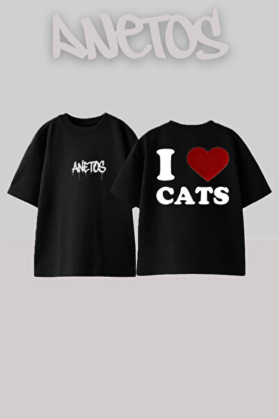 Anetos MeoW 1 Design Spate cu imprimeu Bumbac Negru supradimensionat tricou