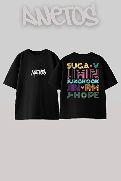 Anetos Suga BTS Design Back cu imprimeu Bumbac Negru supradimensionat tricou