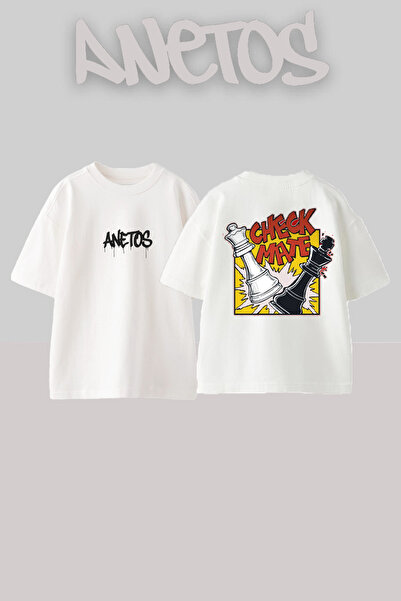 Anetos Μπλουζάκι Check Mate Design Back με τύπωμα Cotton White oversized