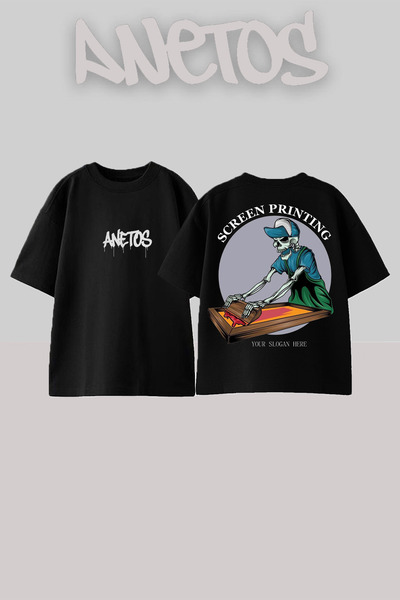 Anetos Скрийн печат дизайн гръб печат памук черно прекалено голям размер тениска