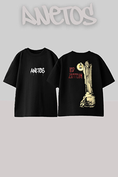 Anetos Led Zeppelin 7 Design Back cu imprimeu Bumbac Negru supradimensionat t...