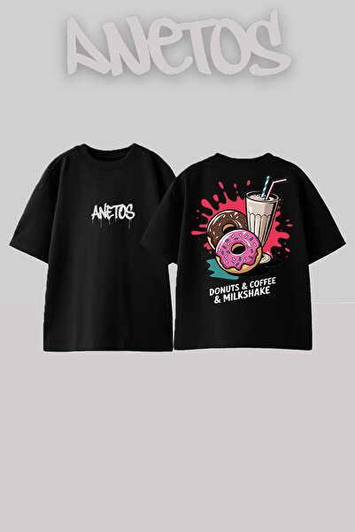 Anetos Donuts Coffee Design Spate cu imprimeu Bumbac Negru supradimensionat tricou