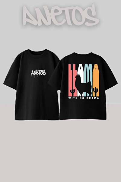 Anetos Μπλουζάκι llama Design Back με τύπωμα Cotton Black oversized