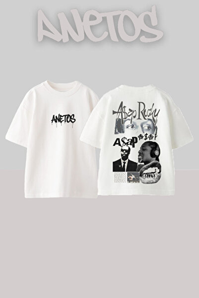Anetos Asap Rocky 5 Design Back cu imprimeu Bumbac Alb supradimensionat tricou