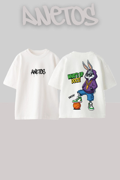 Anetos Bugs Bunny Basketball Design Spate cu imprimeu Bumbac Alb supradimensi...