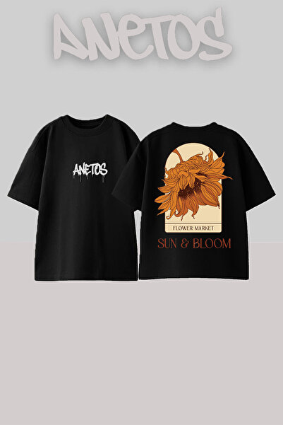 Anetos Μπλούζα Oversized Μαύρη από Βαμβάκι με Σχέδιο Α sunflower στην Πλάτη