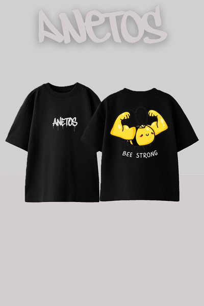 Anetos Bee Strong Design Spate cu imprimeu Bumbac Negru supradimensionat tricou